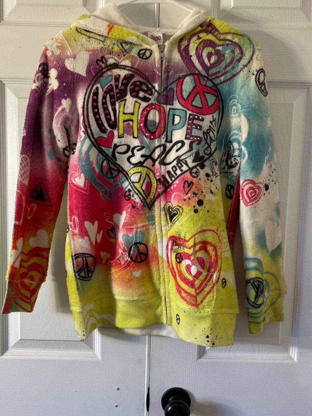 Circo Y2K Girls XL Graffiti Peace Love Rhinestone Fuzzy Zip Hoodie